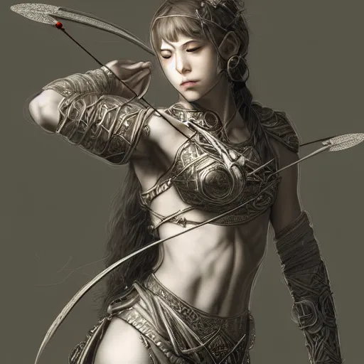 Image similar to beautiful extremely detailed intricate concept art depicting an archer by wlop. shining jewelry. grey atmosphere. particles in the background. deviantart