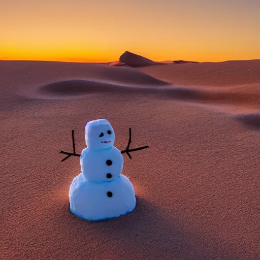 Image similar to a snowman is lost in the desert at sunset, he’s next to a sandcastle, beautiful photography, 8k, ambient light