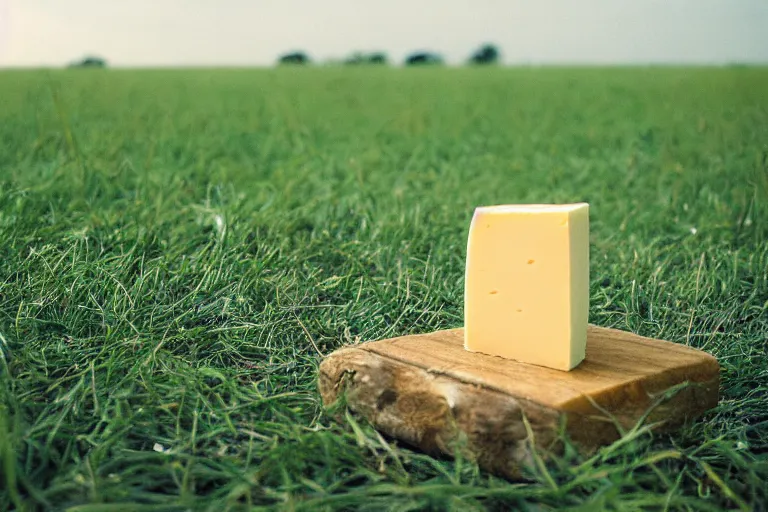Prompt: a cheese block in a field of grass, film photography, soft lighting, nostalgia, 8 mm