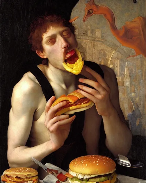 Image similar to saturn devouring his big mac, by edgar maxence and caravaggio and michael whelan, intricate painting, hyper realistic, extremely detailed and beautiful aesthetic face, 8 k resolution