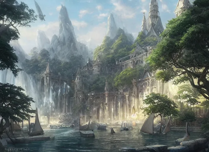 Prompt: A trading port near the ocean in a beautiful elven city made of white marble, anime, lush trees, fountain, large ships, a fantasy digital painting by Greg Rutkowski and James Gurney, trending on Artstation, highly detailed