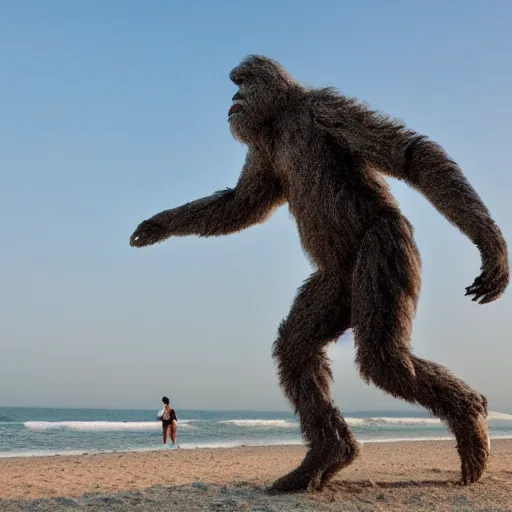 Image similar to photo of a Bigfoot at the beach in Tel Aviv, 50mm, beautiful photo