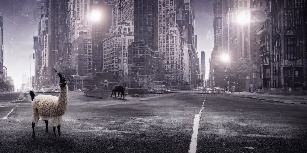 Image similar to a llama walking through a desolate manhattan city street at night, statue of liberty seen in the background, realistic 4 k octane beautifully detailed render, 4 k post - processing, highly detailed, detailed face, intricate complexity, epic composition, magical atmosphere, cinematic lighting, masterpiece, ultra hd