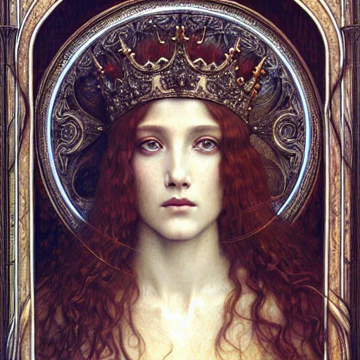 Image similar to detailed realistic beautiful young medieval queen face portrait by jean delville, gustave dore and marco mazzoni, art nouveau, symbolist, visionary, gothic, pre - raphaelite