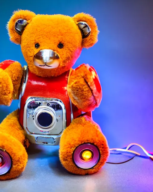 Prompt: high quality presentation night photo of an illuminated cute retro toy robot teddy bear, photography 4k, f1.8 anamorphic, bokeh, 4k, Canon, Nikon