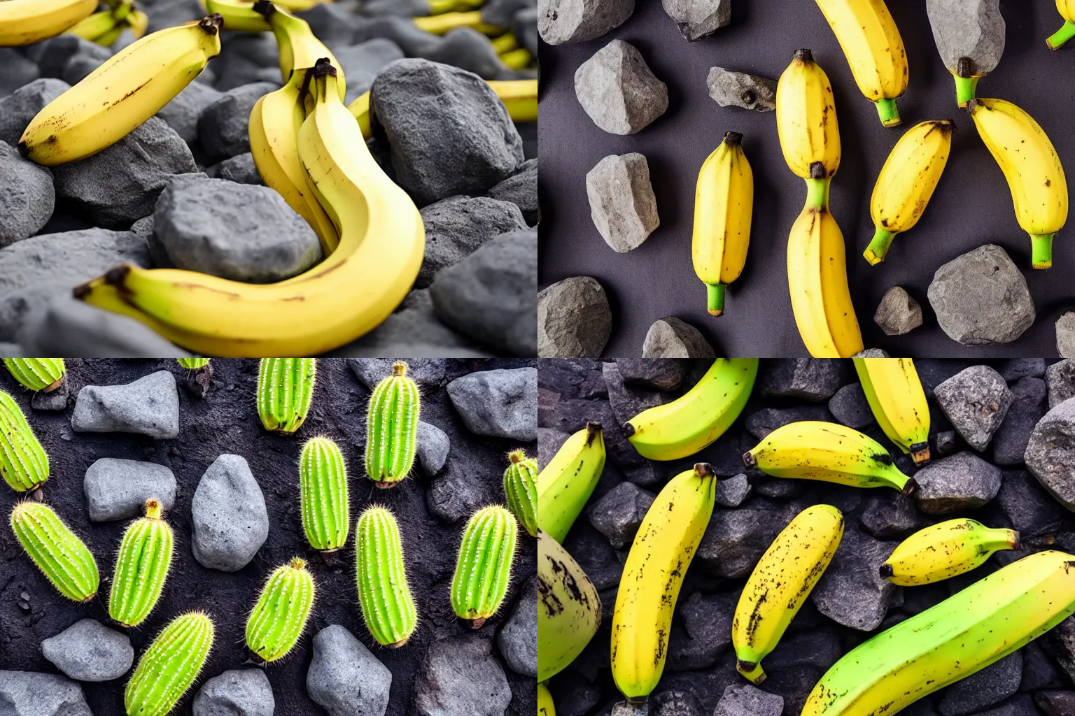 Prompt: bananas peeled on lava rocks and cactus