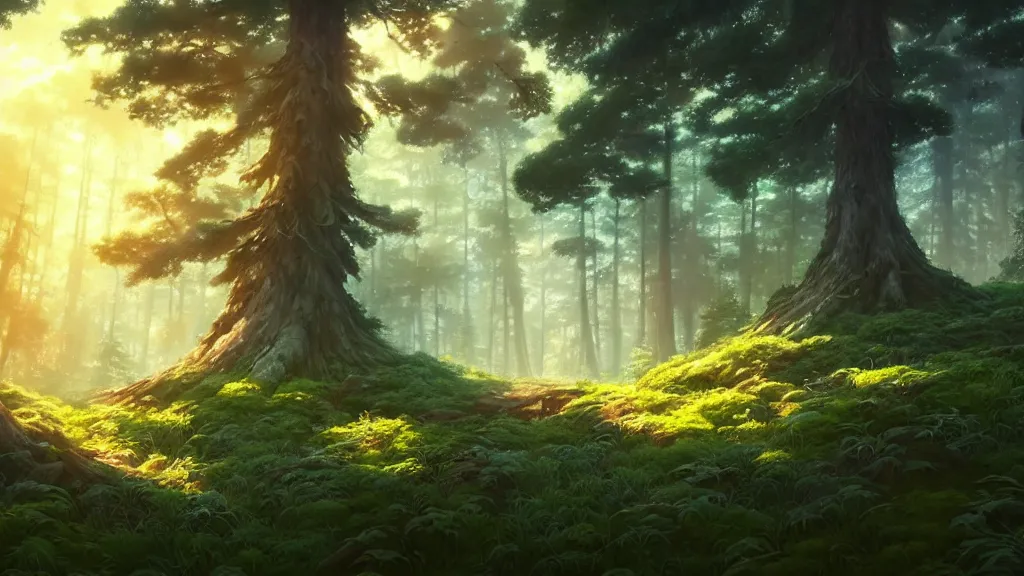 Image similar to forest clearing landscape, studio ghibli, pixar and disney animation, sharp, rendered in unreal engine 5, highly detailed, digital painting, artstation, concept art, smooth, sharp focus, illustration, wide angle, artbook, wallpaper, splash art, promo art, dramatic lighting, art by artgerm and greg rutkowski and bo chen and jin xiaodi