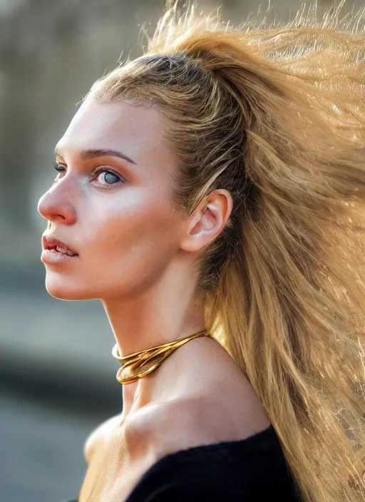 Image similar to photograph of an olive skinned blonde female model in her late twenties, her hair pinned up, wearing a designer top, looking content, focused on her neck, facing the camera, photo realistic, extreme detail skin, natural beauty, no filter, slr, golden hour, 4 k, high definition, selfie, by steve mccurry