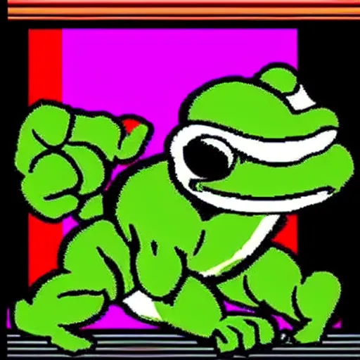 Prompt: 6 4 bit, 8 bit nes graphics. antropomorphic muscular masculine pepe the frog. kickboxer fighter, in shorts. aggressive large head. art from nes game cartridge
