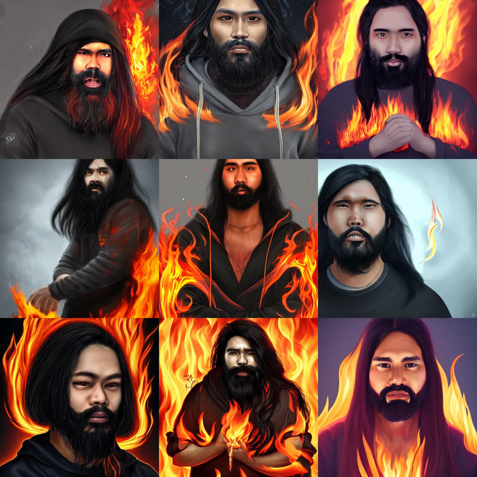 Prompt: portrait of a malaysian man with long black hair, a beard, wearing a black hoodie, death metal style, surrounded by fire, artstation, high quality, detailed, 8 k