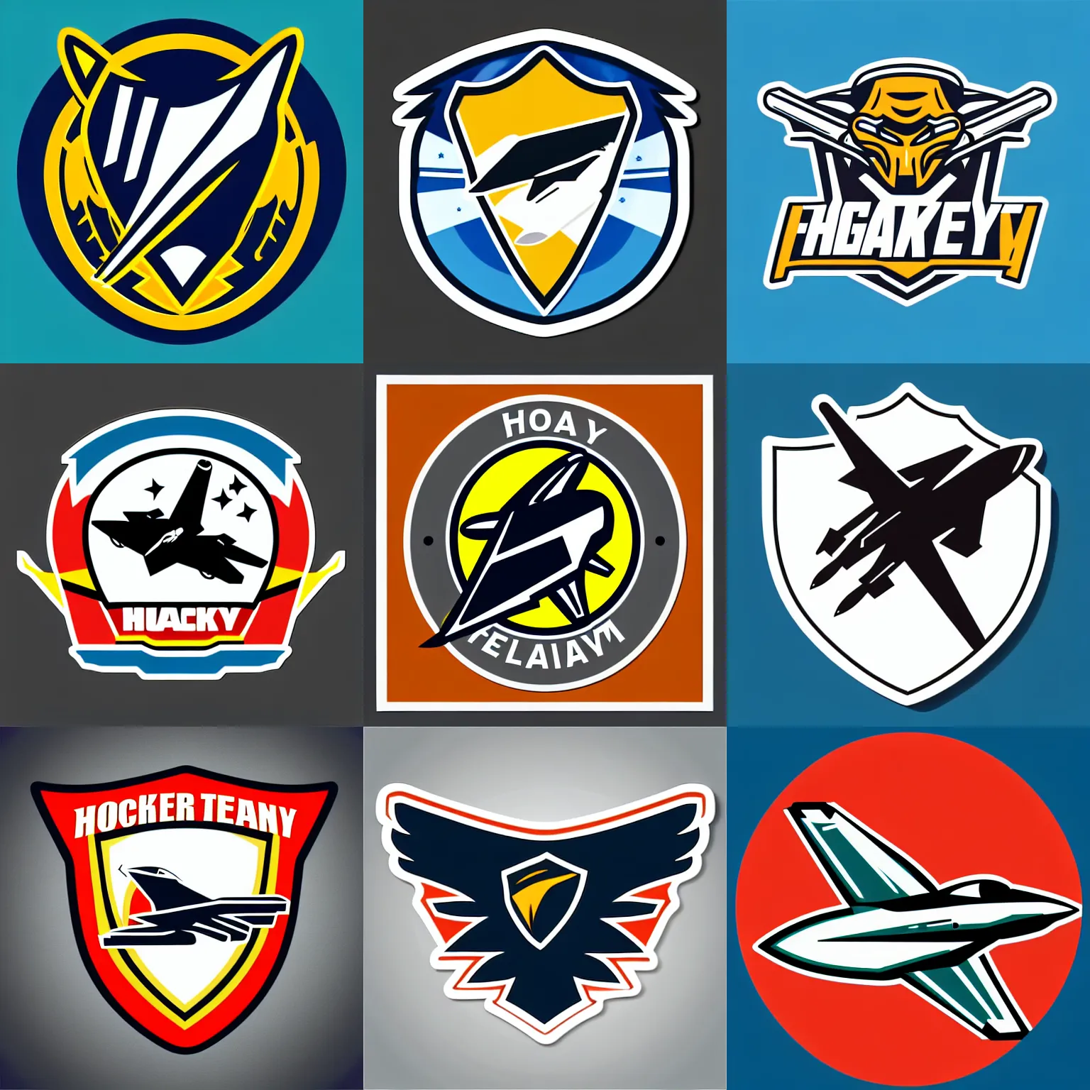 Prompt: “hockey team logo, f-22 fighter jet mascot flying, sticker, highly detailed, colorful, illustration, smooth and clean vector curves, no jagged lines, low noise, vector art, logo”