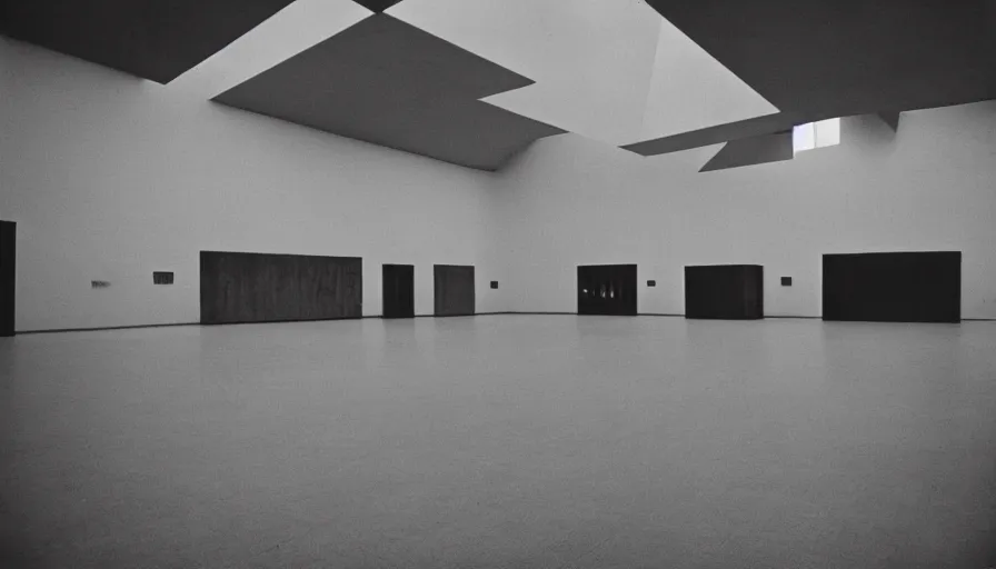 Image similar to 60s movie still of a sovietic stalinist style empty art museum with a soviet congress with yellow wall, LOMOGRAPHY ORCA 100 B&W (110), liminal Space style, heavy grain