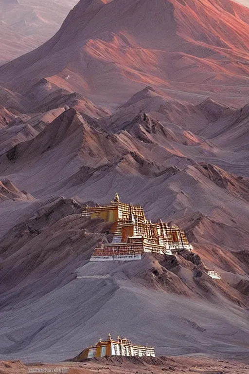 Image similar to lhasa!!! tibetan buddhist monastery on mars, stunning landscape, by stephan martiniere