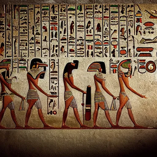 Prompt: people inside an egyptian hieroglyph using an iphone, technology, phone, egyptian, national geographic, polaroid picture