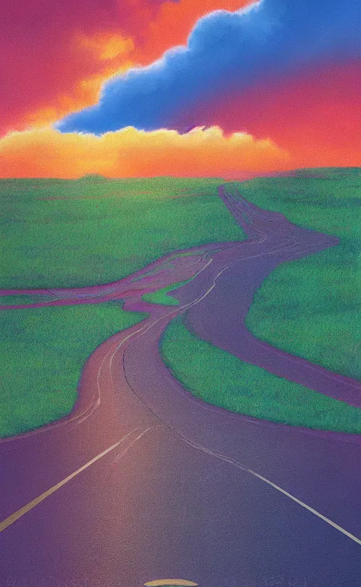 Image similar to paperback book cover. 1 9 8 0 s. pure colors, melting clouds, accurately drawn details, a sunburst above a receding road with the light reflected in furrows and ruts, after rain. photorealistic. octane render. cinematic. trending on artstation. textless.