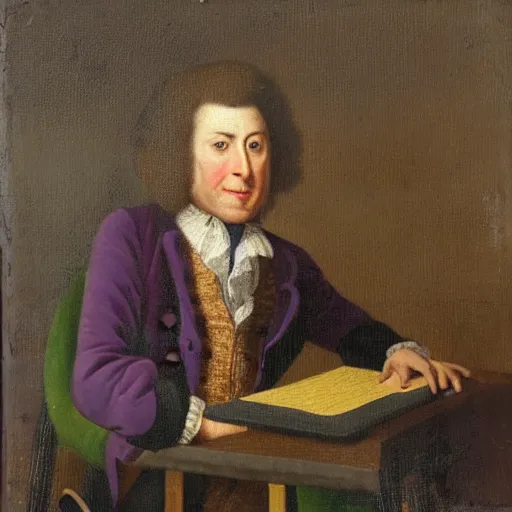 Image similar to A portrait of a man with an open laptop for a head, wearing a tweed backpack and purple velvet suit, 18th century oil painting