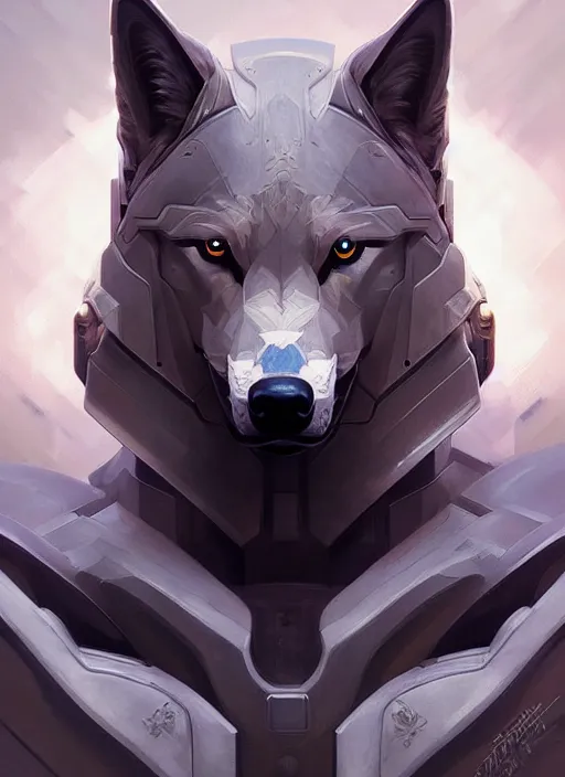 Image similar to symmetry!! portrait of a wolf, sci - fi armour! muscular, fantasy, intricate, elegant, highly detailed, digital painting, artstation, concept art, smooth, sharp focus, illustration, art by artgerm and greg rutkowski and alphonse mucha