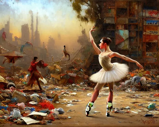 Image similar to a ballerina dancing at a rubbish dump. highly detailed painting by gaston bussiere, craig mullins, j. c. leyendecker 8 k