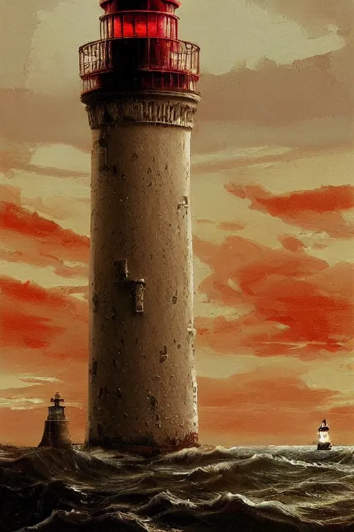 Prompt: imagine a ship in a bottle but instead of a ship there is a red and white lighthouse inside the bottle, very fancy whiskey bottle, masterpiece painting by greg rutkowski and jakub rebelka