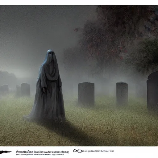 Image similar to a ghost walking though an old cemetary. haunted. night, rain, mist. photoreal. hyper detailed. trending on artstation