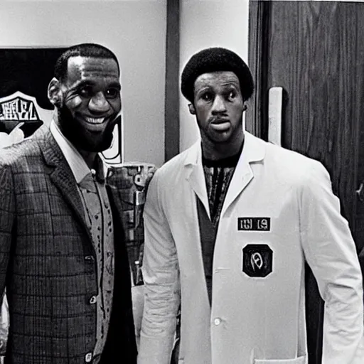 Image similar to lebron james as doctor who, 1 9 7 0 s, wide shot,