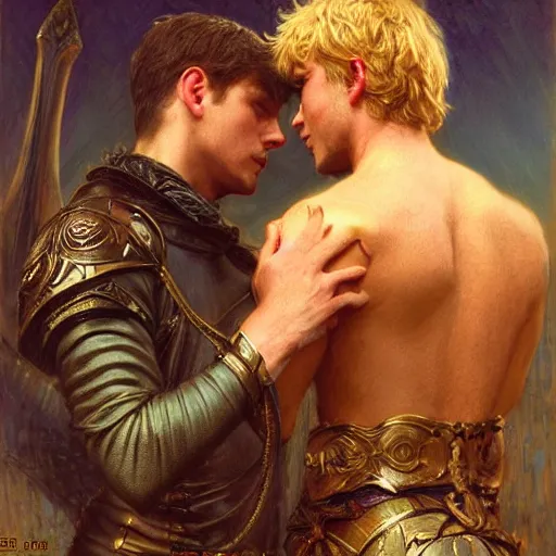 Image similar to attractive male arthur pendragon confesses his love to attractive male merlin. highly detailed painting by gaston bussiere, craig mullins, j. c. leyendecker 8 k