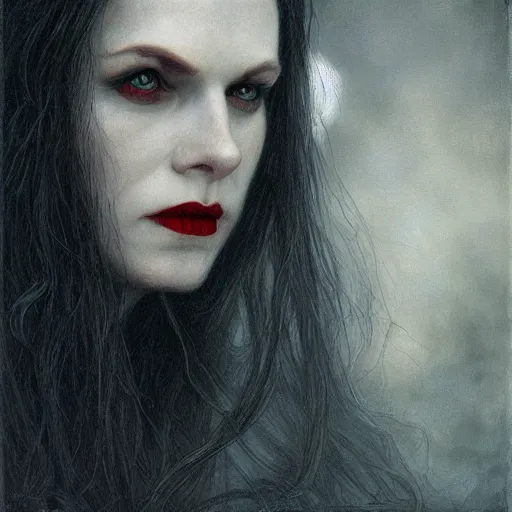 Image similar to portrait of a lady vampire, 35mm, victorian, depth of field, ominous, sharp, highly detailed, photorealistic, realistic, unreal 5, high definition, 8k, deviantart, donato giancola, irwin penn