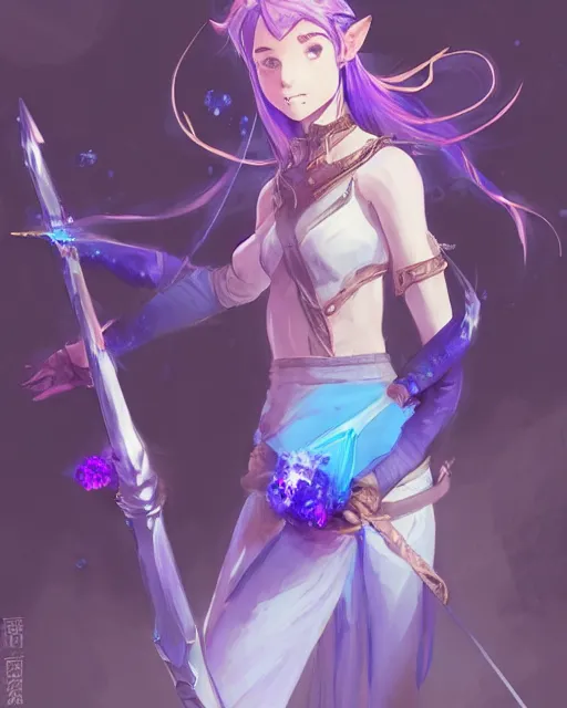 Image similar to a female warrior holding one single blue glowing sword walking in a cake full of purple glowing crystals. Atmospheric lighting, adventurous, elven. By Makoto Shinkai, Stanley Artgerm Lau, WLOP, Rossdraws, James Jean, Andrei Riabovitchev, Marc Simonetti, krenz cushart, Sakimichan, trending on ArtStation, digital art.