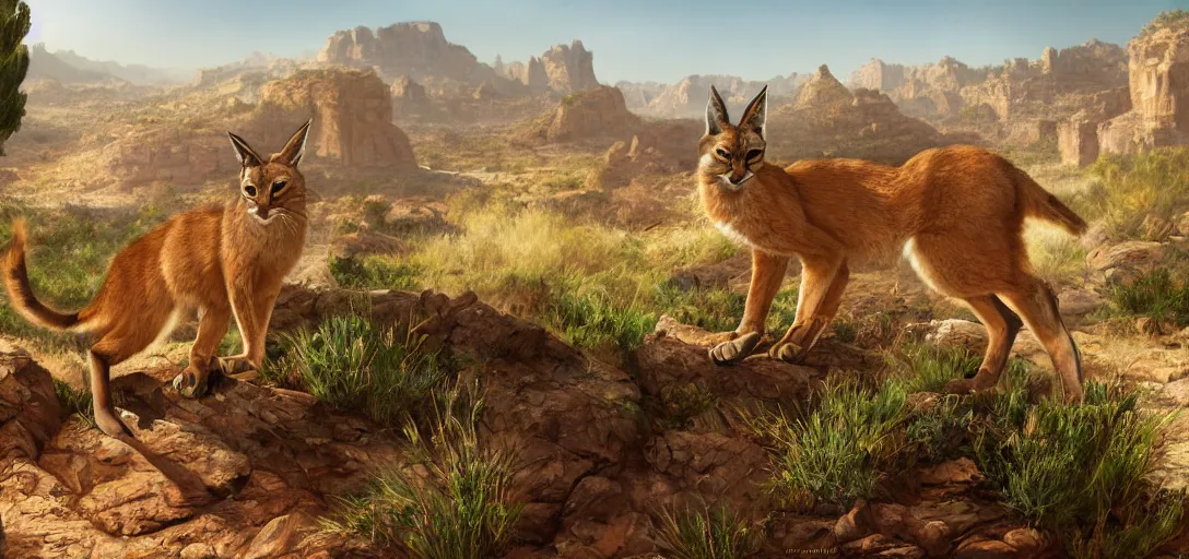 Image similar to cute caracal in beautiful utah desert, rock arcs, lush vegetation, landscape, alex ross, eddie mendoza, raphael lacoste, sebastian ludke, concept art, matte painting, highly detailed, rule of thirds, dynamic lighting, cinematic, detailed, magnificiant landscape, denoised