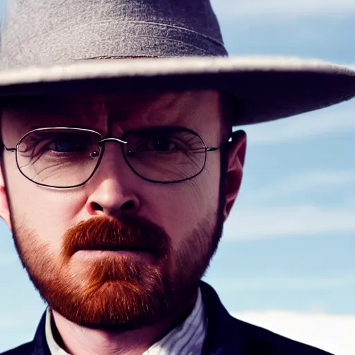 Image similar to Live Action Still of Aaron Paul dressed as Walter White, real life, hyperrealistic, ultra realistic, realistic, highly detailed, epic, HD quality, 8k resolution, body and headshot, film still