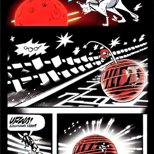 Prompt: Kangaroo runs away from a flying robot orb with red lasers in a futuristic prison by Kazuo Umezu, ultra high detailed