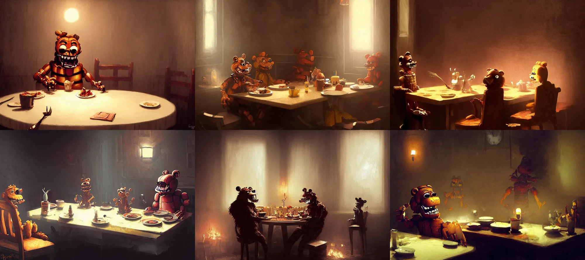 Prompt: freddy fnaf eating dinner at a table in the backrooms happiness is temporary by greg rutkowski