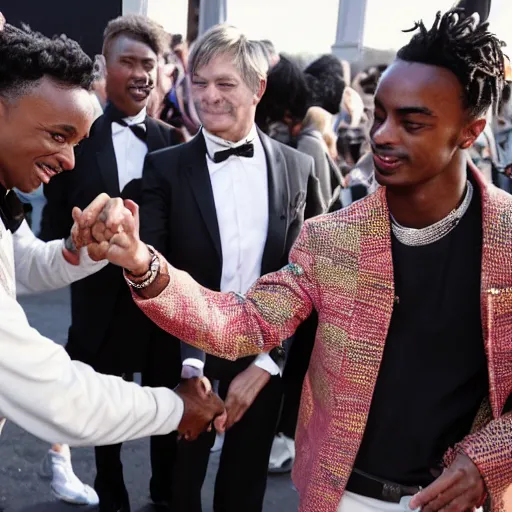 Prompt: Steve Lacy shakes hands with Playboi Carti