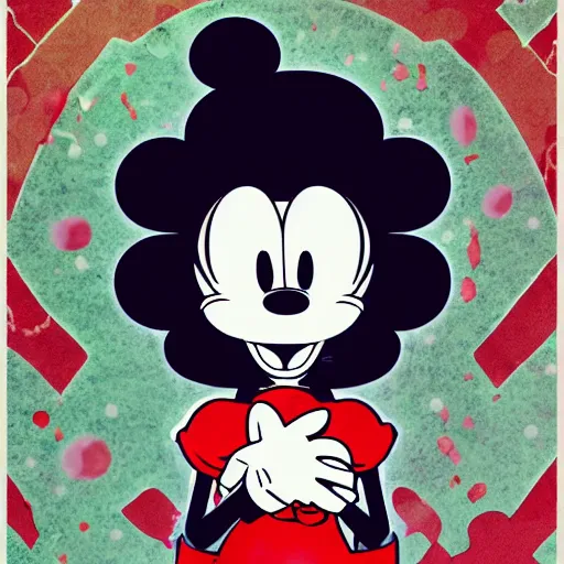 Image similar to anime manga skull portrait girl face mickey mouse marge simpson cuphead detailed highres 4k Mucha and James Jean pop art nouveau