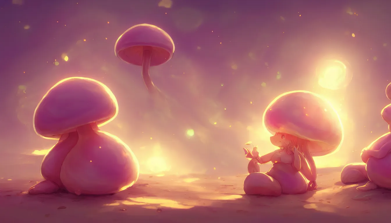 Image similar to concept art for a cute thicc humanoid mushroom creature, anime style, golden hour, lens flare, pastel pink glow, sitting on the beach | | epic - fine - clean, polished, trending on artstation, brush strokes