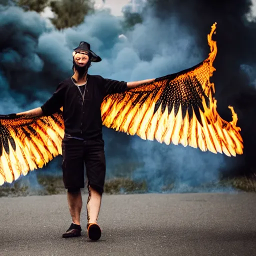 Prompt: photo of a man with flaming black wing