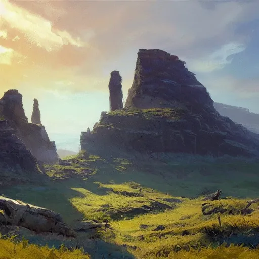 Image similar to concept art by craig mullins : an italian landscape in bright daylight. soft rolling hills in the foreground. in the distance a small mesa of white marble can be seen. a stone henge is standig atop of the cliff