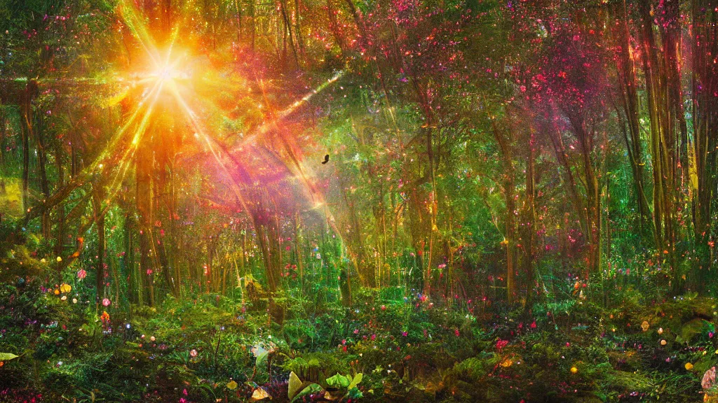 Prompt: double exposure of a beautiful psychedelic golden hour forest path, riotous colorful overgrowth and beautifully enchanted golf course, A glorious tangle of plants; tumbled flocks of colour garlanded by birdsong. A perfect thrumming glade flushed with garnet blossom, dappled shadow and green rock. hazy illumination, cosmic stars, grainy film, cinematic, haunted psychedelic VHS glitch polaroid