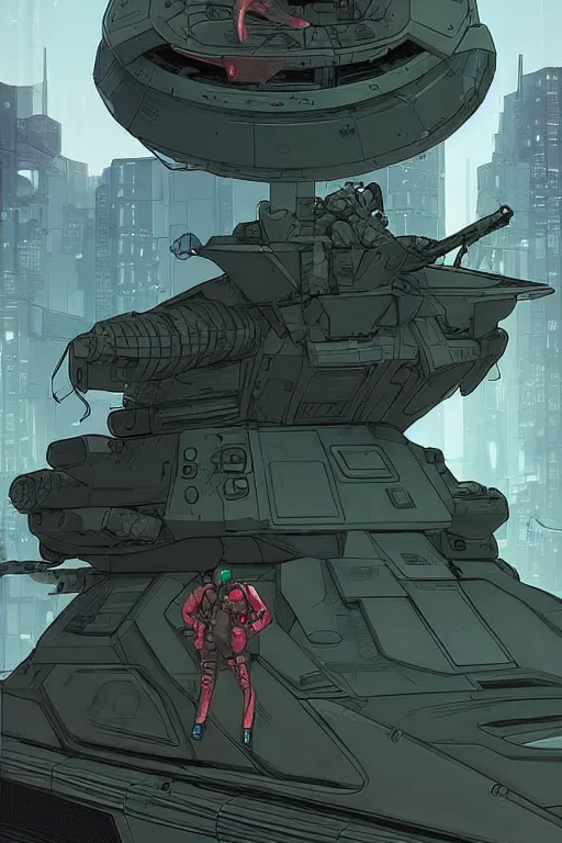 Image similar to comic book illustration, an android soldier sits on the turret of a futuristic tank, cyberpunk concept art by josan gonzales and Moebius, highly detailed, intricate, sci-fi, sharp focus, Trending on Artstation HQ, deviantart