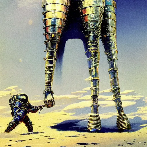 Image similar to crusader knight standing on the moon, vintage sci - fi art, by bruce pennington