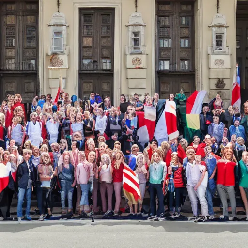 Image similar to a group of people, one from each country in europe, each holding the flag of their country