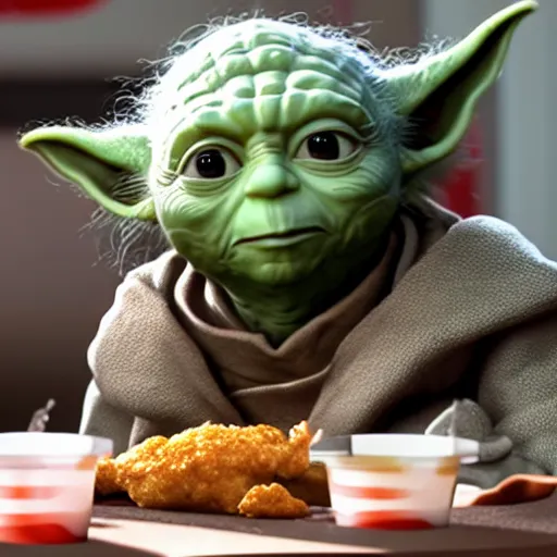 Prompt: A still of Yoda eating at KFC, 4k, photograph, ultra realistic, highly detailed, professional lighting