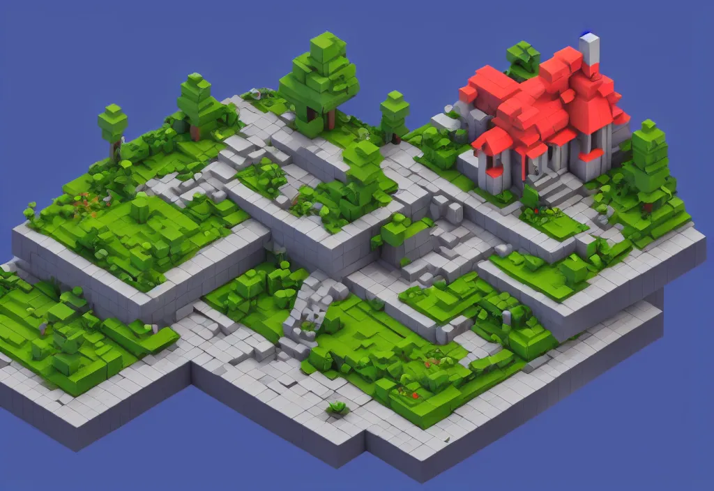 Image similar to isometric house on a mountain top magicavoxel cinematic lighting, 4k