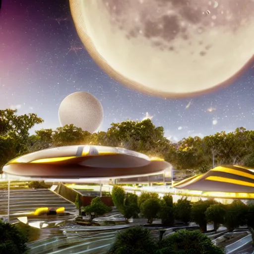 Image similar to octane render, industrial light magic, sharp professional photo inside a high - end luxurious beautiful utopian futuristic moon worlds fair, ultradetailed, photorealistic