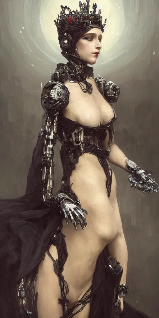 Image similar to laying beautiful painting of a crowned robotic cyberpunk princess in a gothic dark flowing gown laying, intricate, elegant, highly detailed, digital painting, artstation, concept art, by krenz cushart and artem demura and william adolph bouguereau