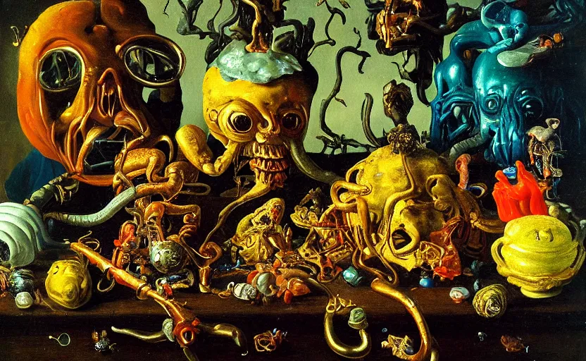 Image similar to disturbing colorful oil painting dutch golden age vanitas still life with bizarre humanoid faces strange objects shiney gooey surfaces shiny metal bizarre insects rachel ruysch dali todd schorr very detailed perfect composition rule of thirds masterpiece canon 5 0 mm, cinematic lighting, photography, retro, film, kodachrome