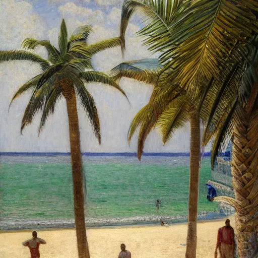 Image similar to a ultradetailed beautiful painting of the amazonas palace balustrade designed by jules bastien - lepage, tarsila do amaral, frank weston and gustave baumann, beach, trending on artstation, mediterranean, palm trees, detailed face, sharp focus, soft light, 8 k 4 k