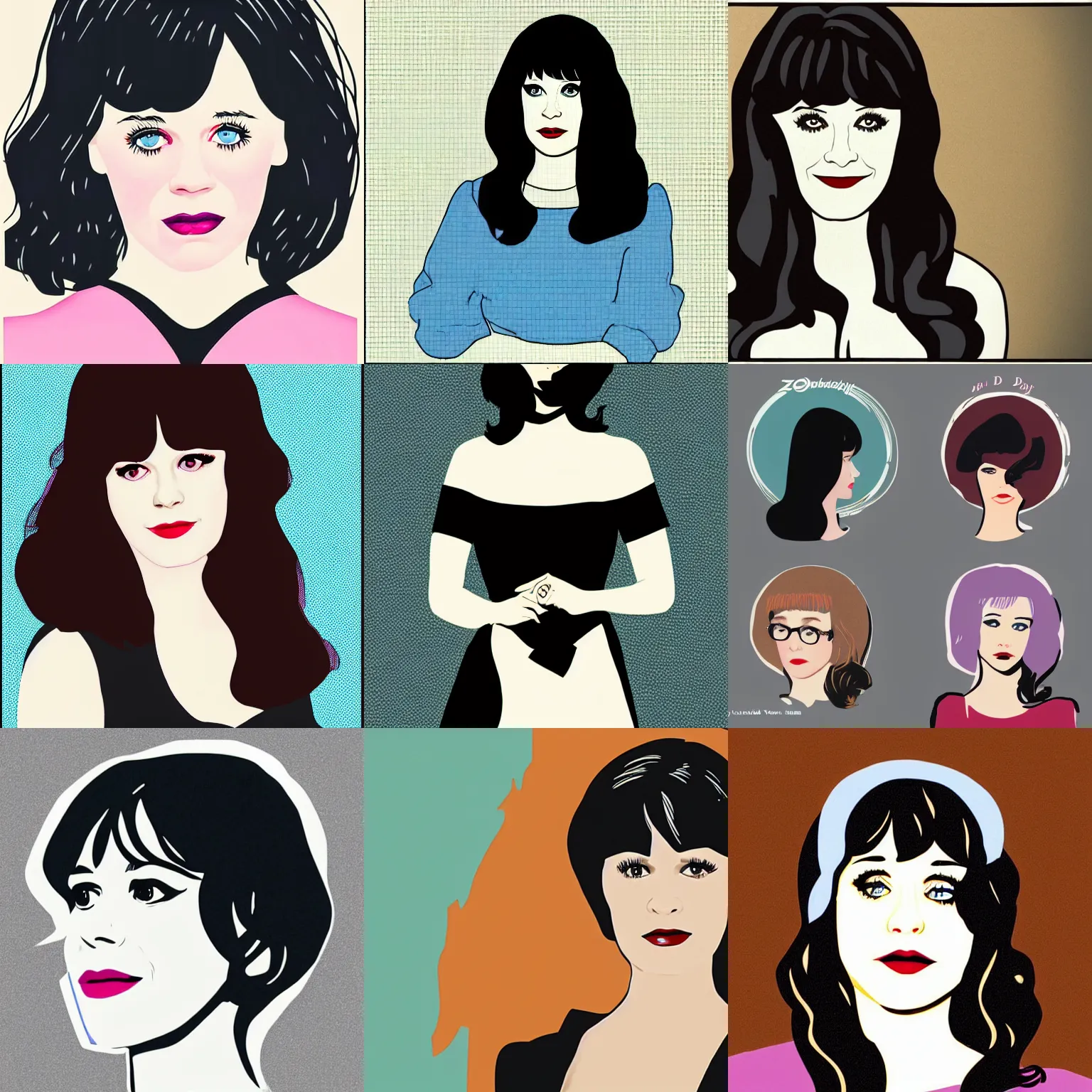 Prompt: zooey deschanel in the style of patrick nagel
