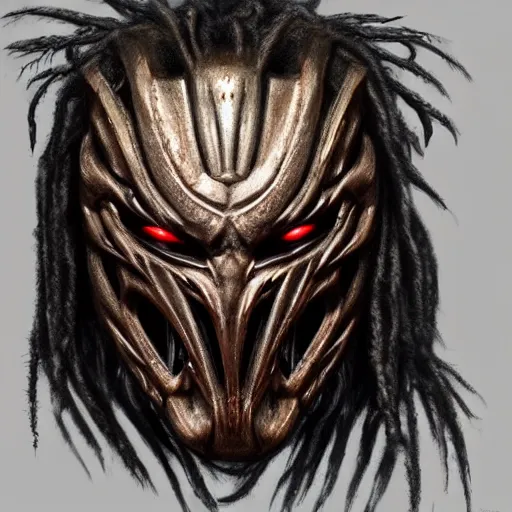 Prompt: predator 1 9 8 7 mask redesign, portrait, highly detailed, dreadlocks, mandables, digital painting, trending on artstation, concept art, illustration