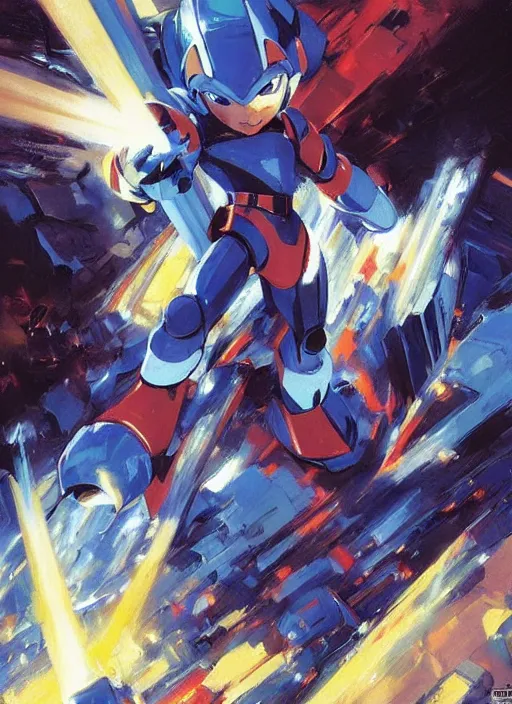 Image similar to Megaman X by John Berkey and Vincent Di Fate, rule of thirds, seductive look, beautiful, in intergalactic hq, ethereal lighting, smooth, masterpiece, Refined